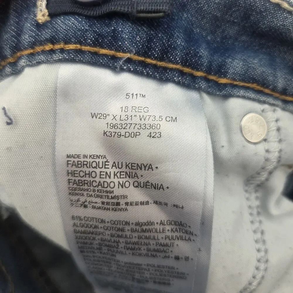 Levi's 511 Dark Blue Wash Jeans Size 29 x 31 18 REG Slim Fit Adjustable Waist